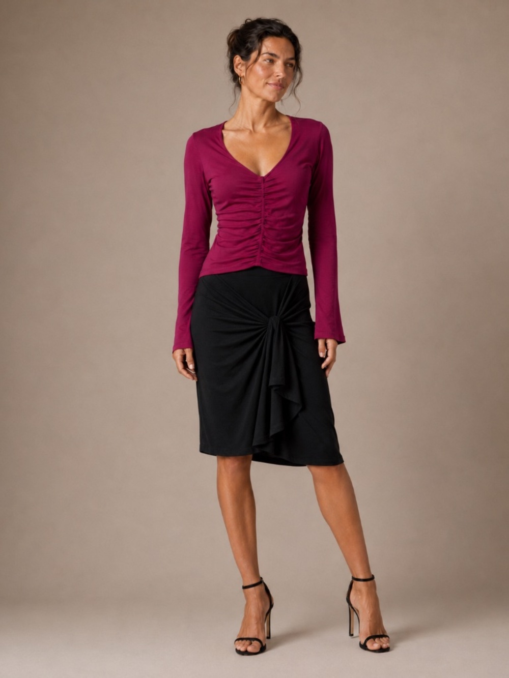 LA Made 2 Piece Ruched Top Knot Front Midi Skirt Set M NWOT